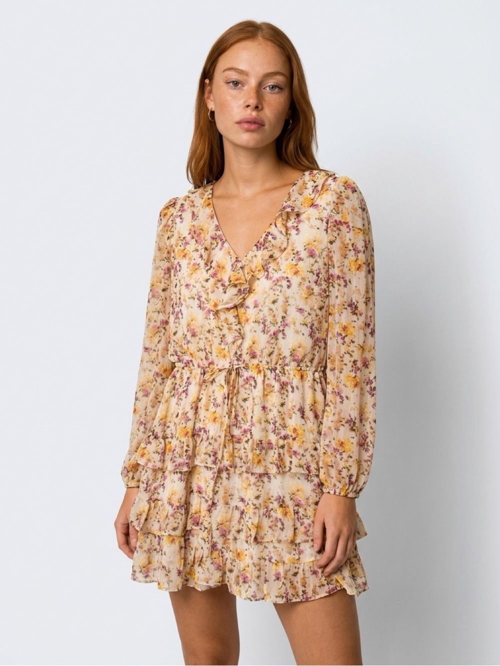 Lucy Paris Yellow Multi Floral Ruffle Tiered Mini Dress